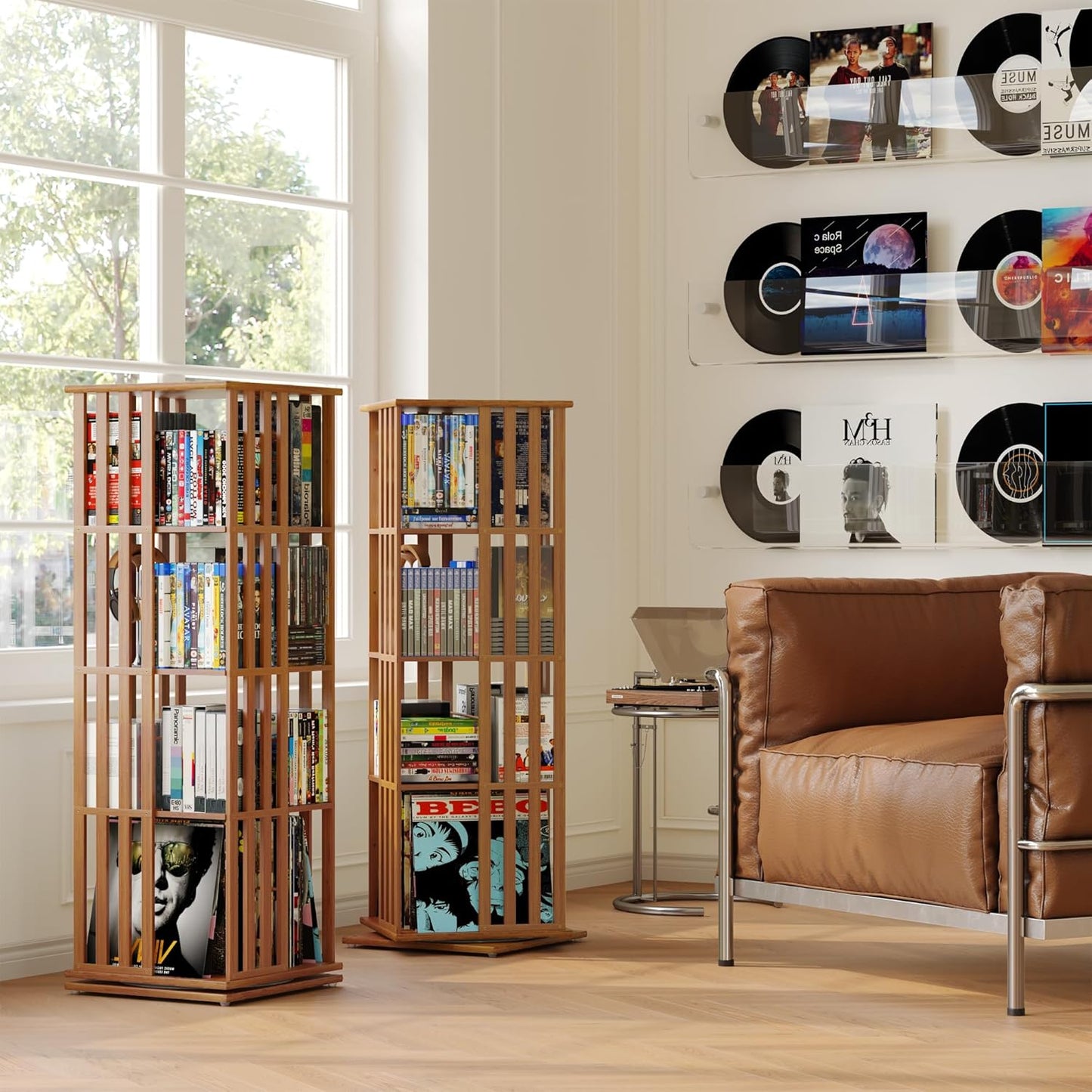 XIMN 360° Rotating Bamboo CD/DVD Shelf - 6-Tier Space-Saving Media Storage Cabinet for Movies, Organizer with Super Compact Design (Walnut, 4 Tier)