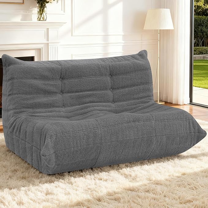 HABUTWAY Bean Bag Chairs Fireside Lazy Floor Sofa, Soft Teddy Fleece 2 Seater Sofa with High-Resilience Foam Filling，Beanbag for Living Room, Bedroom, Office (Dark Grey Teddy)