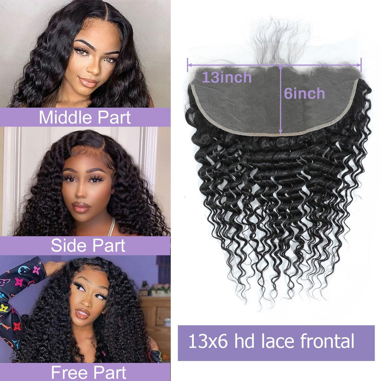 DSEKCAIN HD Frontal Deep Wave 13x6 Frontal HD Lace Deep Wave 18 Inch Human Hair Transparent Lace Closure Big Space Long Departin
