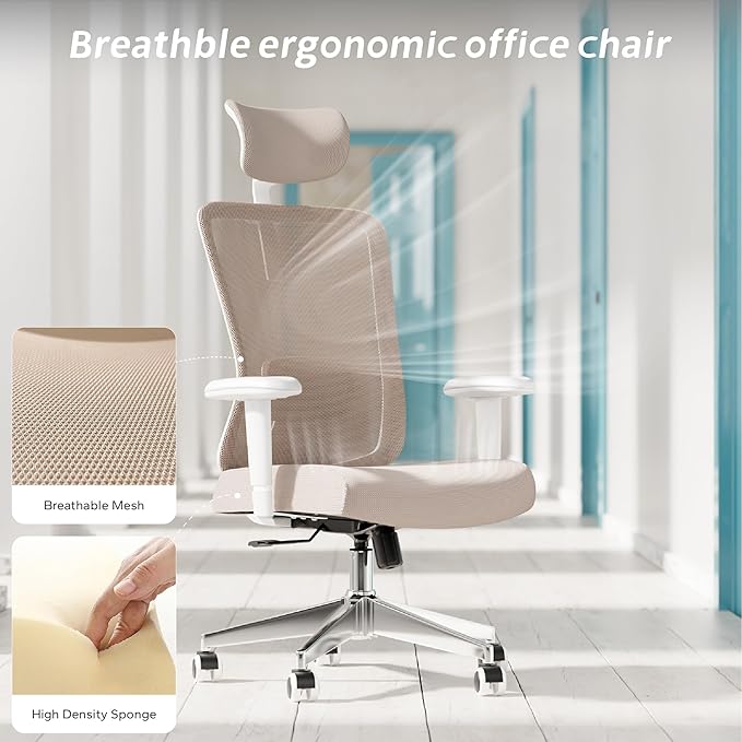 ZYFFHYLAI Ergonomic Office Chair, Mesh Desk Chair with Adjustable Headrest and 2D Armrest，Computer Chairs with Lumbar Support, Big and Tall Office Chair 400lbs, Large (01khaki)