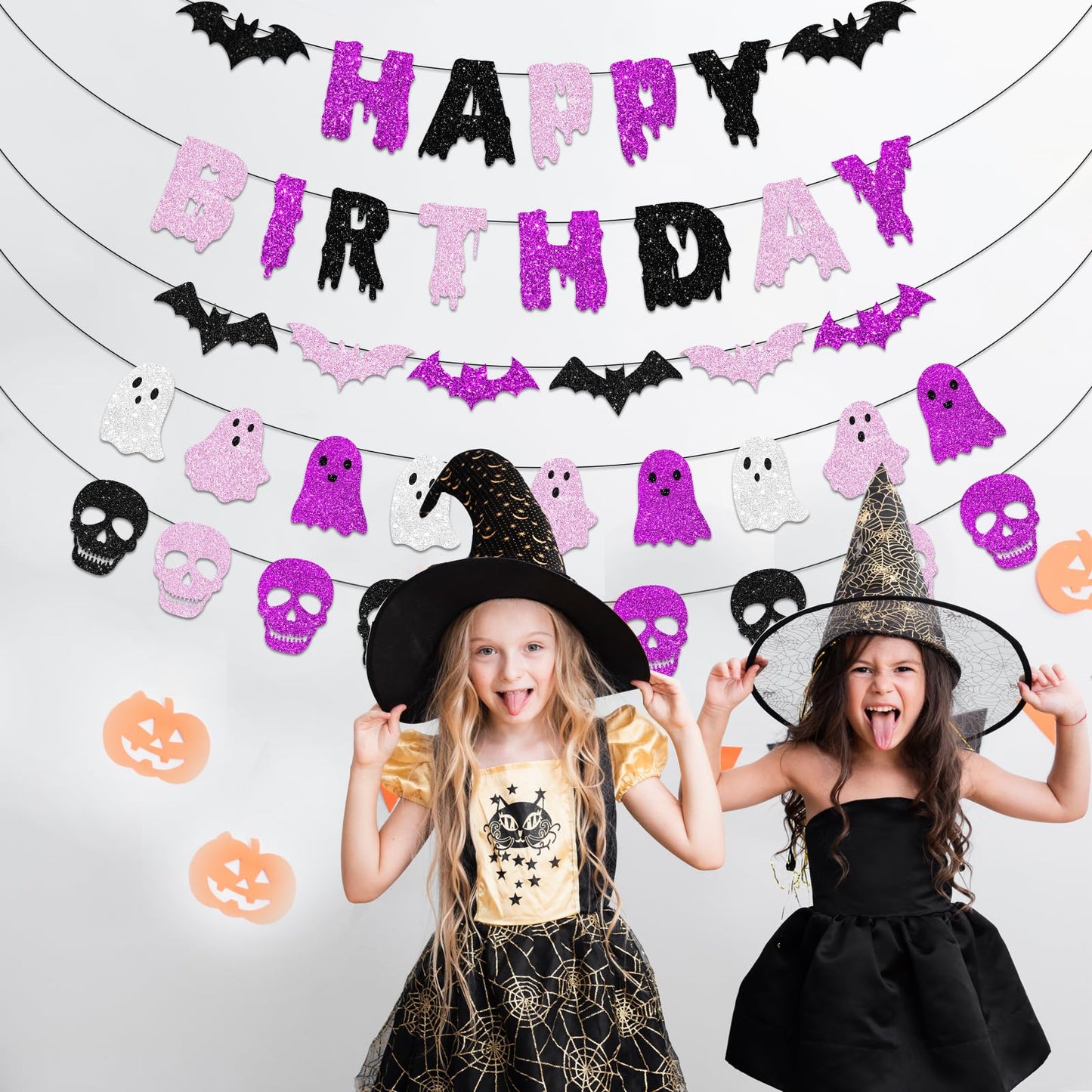 Pink and Black Happy Halloween Birthday Decorations, Glitter Banner Ghost Garland Bat Skeleton Garland, Spooky Decorations for Boy Girl Halloween Birthday Party Supplies