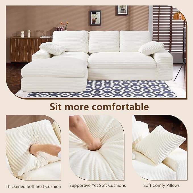 98.4" Cloud Modular Sectional Couch with Chaise,L-Shaped Modern Upholstered Sofa with Deep Seat,Corduroy Sectional Couches for Living Room and Bedroom,No Assembly Required(Beige)
