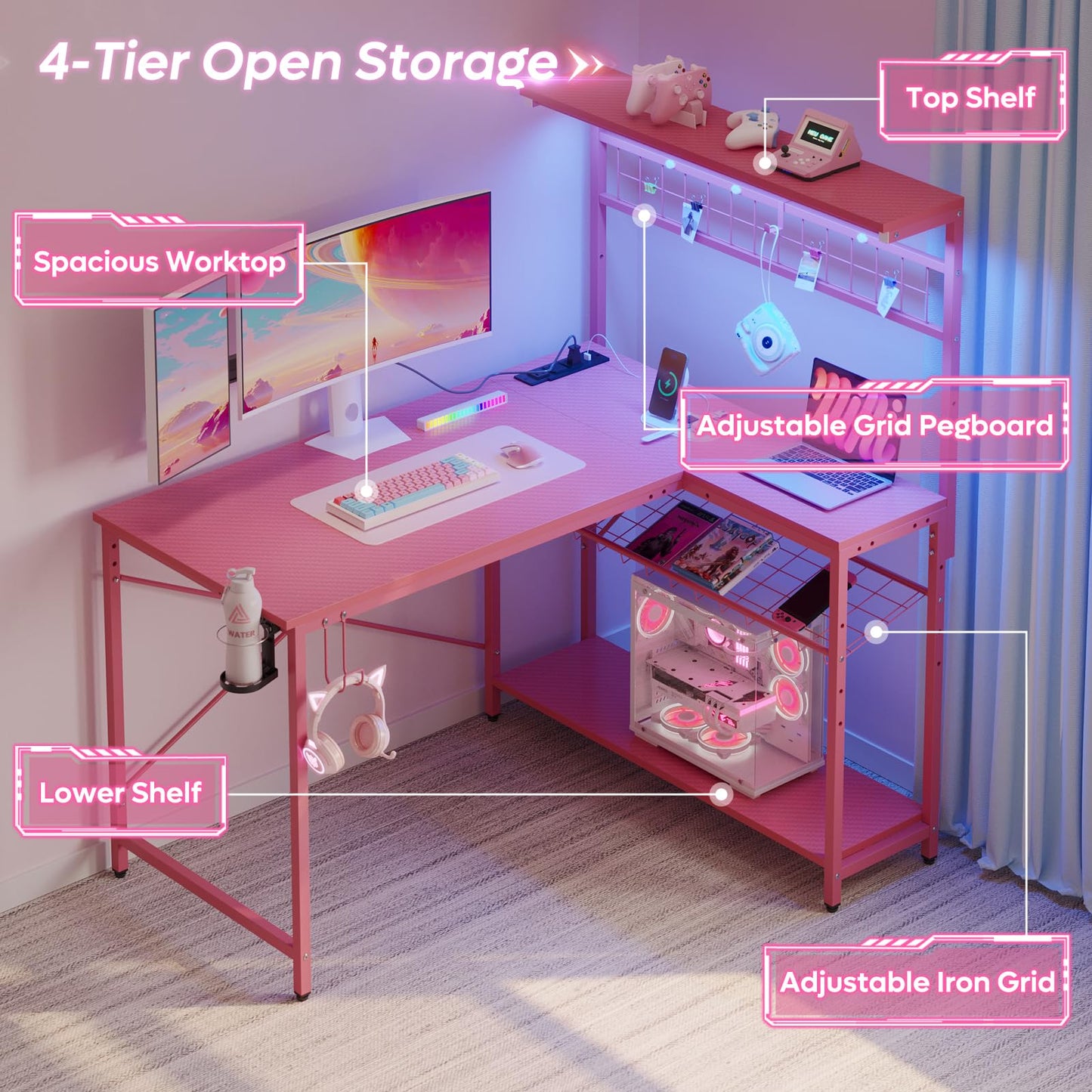 Bestier 42 L Gaming Desk,Computer Desk with Power Outlets, LED Lights, Reversible Corner Desk with 4-Tier Shelves,Cup Holder & Hook Carbon Fiber Pink