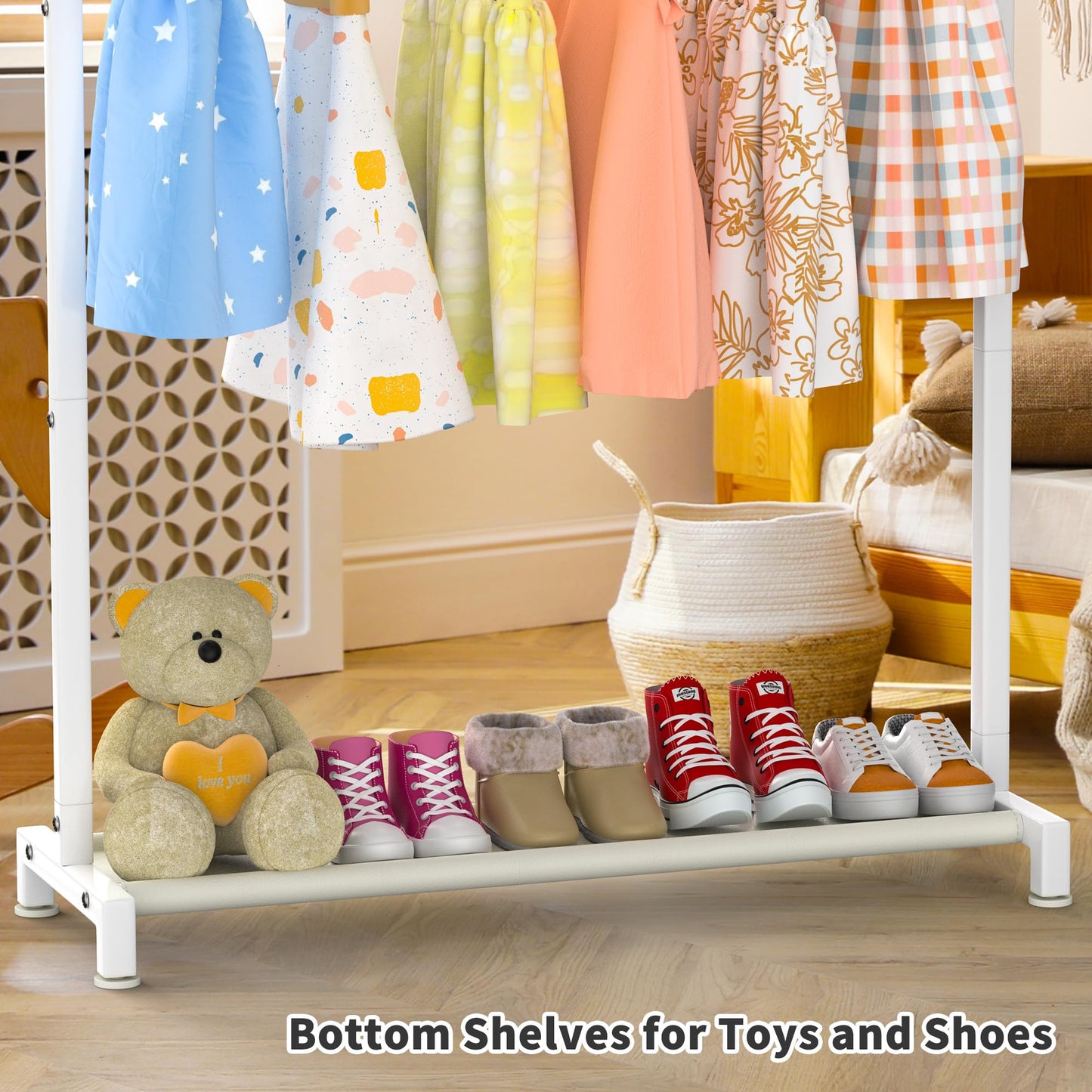 Livilord Kids Clothing Rack with Bottom Storage Shelf, Metal Clothes Rack for Kids Dress Up Storage, Freestanding Dance Costume Garment Rack for Hanging Clothes, White