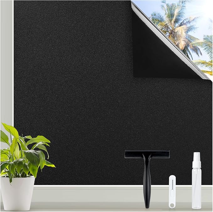 rabbitgoo Blackout Window Privacy Film with Tools Glass Bathroom Static Cling Sun Heat Blocking Light Darkening Removable Coverings for Home Bedroom Door UV Protection Sticker, 17.5 x 78.7 inches