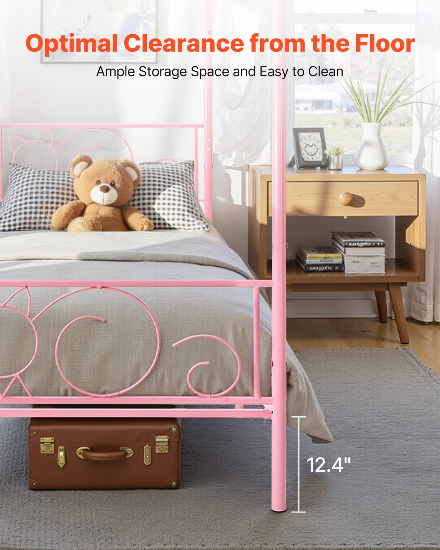 VEVOR Twin Size Canopy Bed Frame, Metal Canopy Bed with Minimalist Headboard & Four Posters Design, Heavy Duty Steel Slats Support, Underbed Storage Space, No Box Spring Needed, Easy Assembly, Pink
