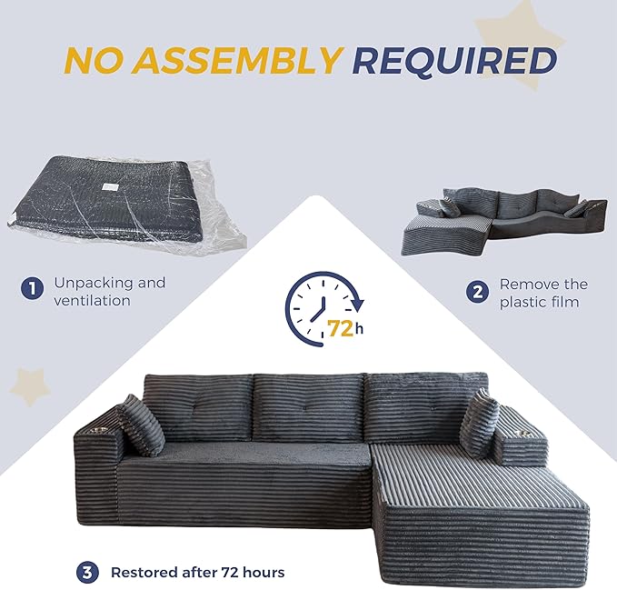 MAXYOYO 104" Modular Sectional Couch with L-Shape Chaise, Modern Boneless Couch for Living Room, Sofa in A Box, Oversized Sofa Sleeper with Deep Seat, No Assembly Required, Dark Grey