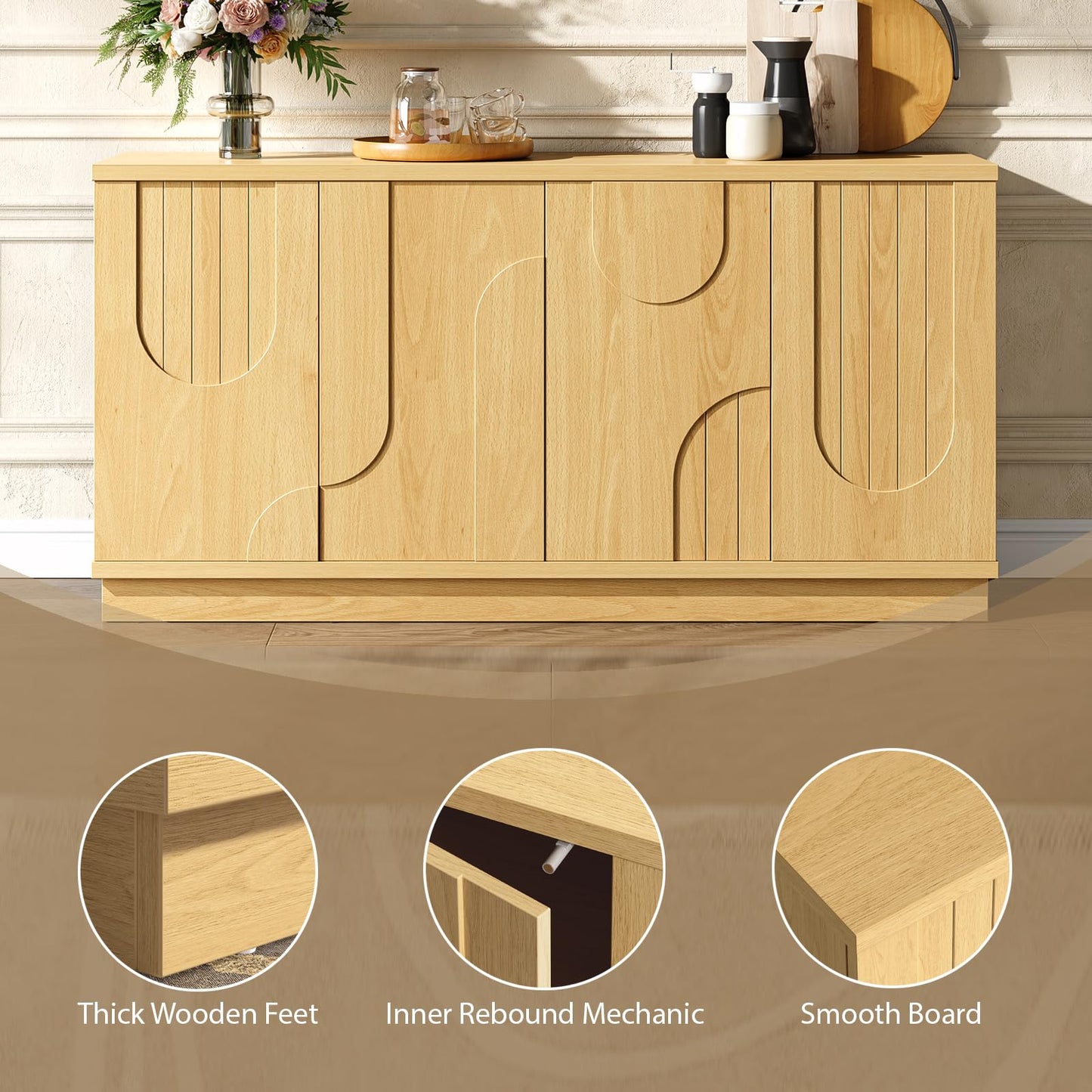 ONBRILL Modern 59" Sideboard Buffet Cabinet with Storage, Arched Finish Kitchen Storage Cabinet,Coffee Bar Console Table with 4 Doors and Adjustable Shelves for Living Room, Hallway, Natural