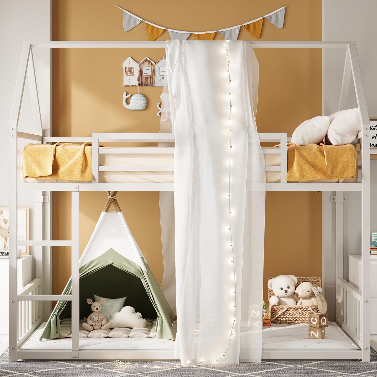 LIKIMIO Bunk Bed Twin Over Twin, House Bunk Bed Frame with Ladder and Guardrail, House Shaped with Metal Slats for Dormitory and Bedroom, Space Saving, No Box Spring Needed, White