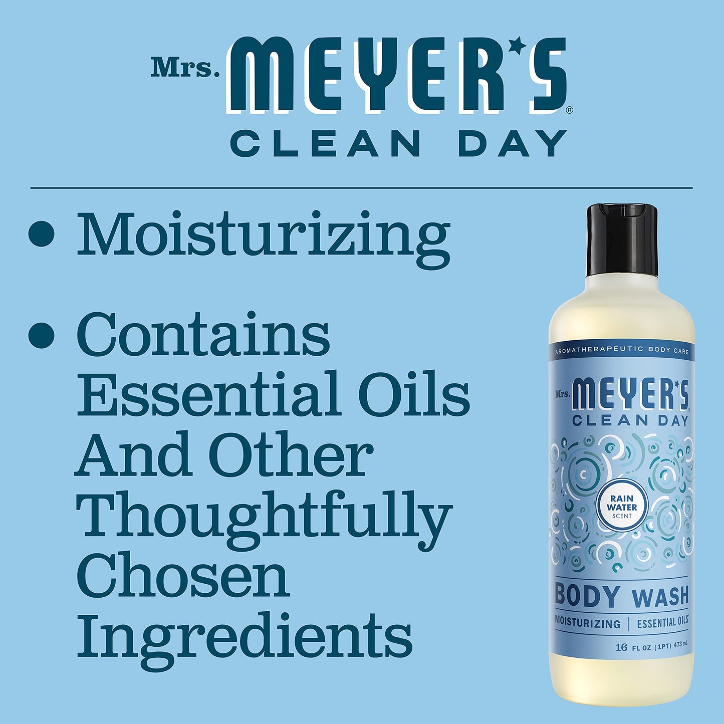 MRS. MEYER'S CLEAN DAY Moisturizing Body Wash for Women and Men, Biodegradable Shower Gel Formula Made with Essential Oils, Rain