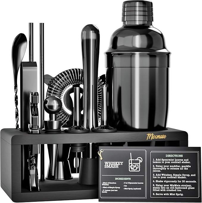 Black Stainless Steel Cocktail Shaker Set with Wood Stand - 15 Piece Bartender Kit with Drink Shaker, Bar Spoon, Jigger, M...