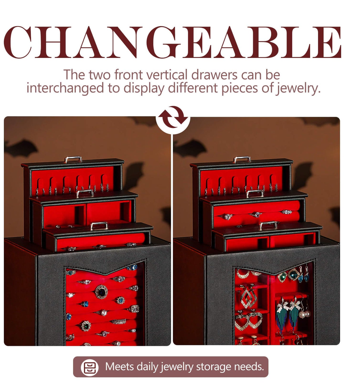 Homde Jewelry Organizer with Transparent Window Necklace Hooks Gift for Women Jewelry Box Display Case for Necklaces Rings Earrings Bracelets and Other Accessories (Black + Red)