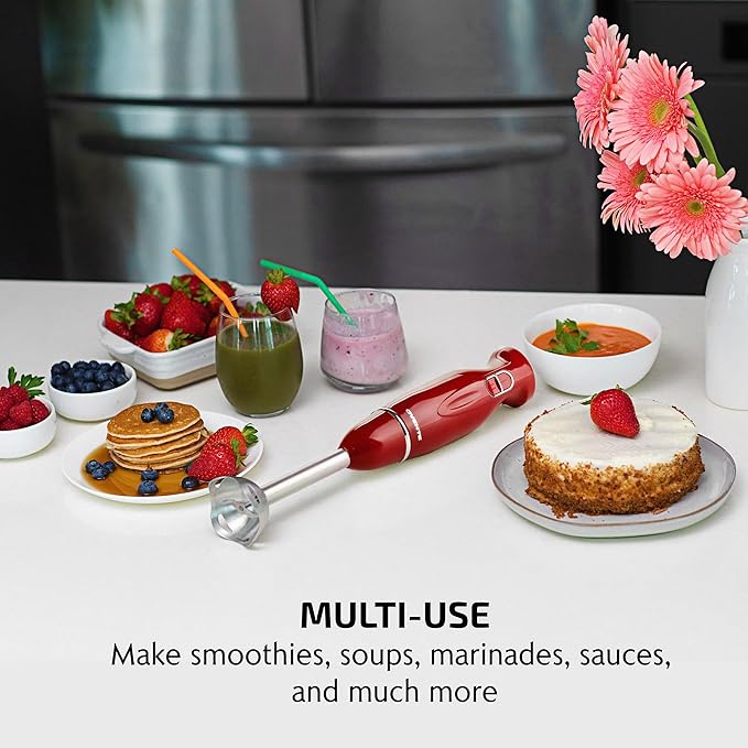 OVENTE Immersion Hand Blender, 300W Corded Electric Handheld Stick Mixer with 2 Mixing Speeds and Stainless Steel Blades for Smoothies, Purees & Baby Food, Red HS560R