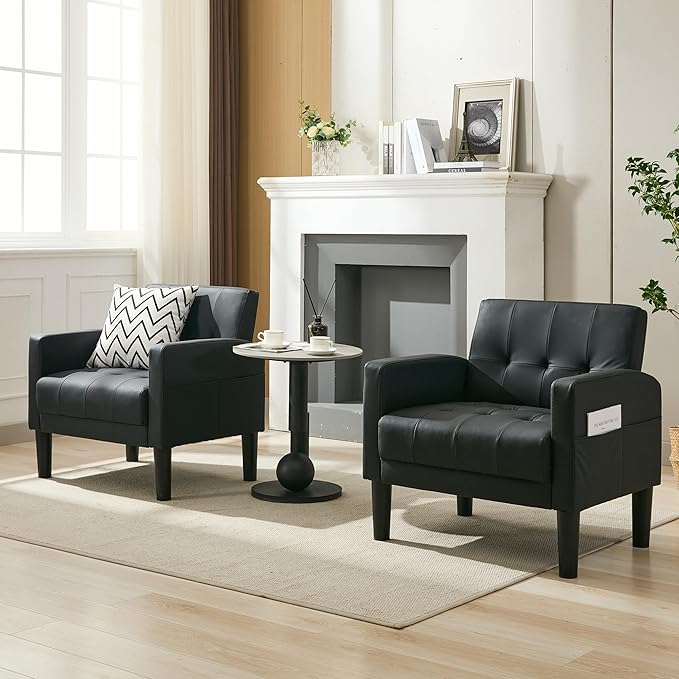 TYBOATLE Accent Chair Set of 2 Living Room Chairs Cozy Tufted Mid Century Modern Black Accent Chairs with Arms for Bedroom Comfy Reading Arm Chair Small Chairs for Small Spaces Office(2, Black)