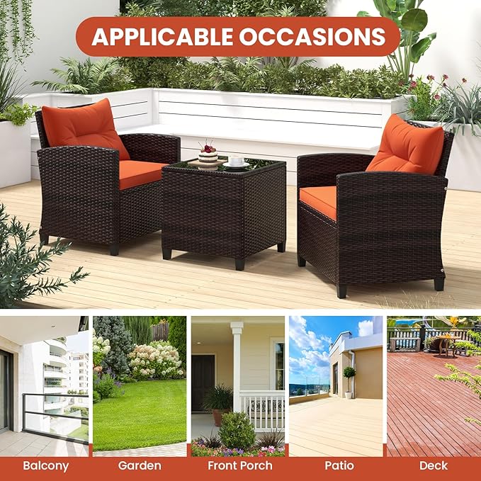 ORALNER 3 Pieces Patio Furniture Set, Outdoor Wicker Conversation Set Rattan Chairs with Cushions, Glass Coffee Table, Bistro Set for Front Porch Balcony Garden Deck Poolside (Orange)