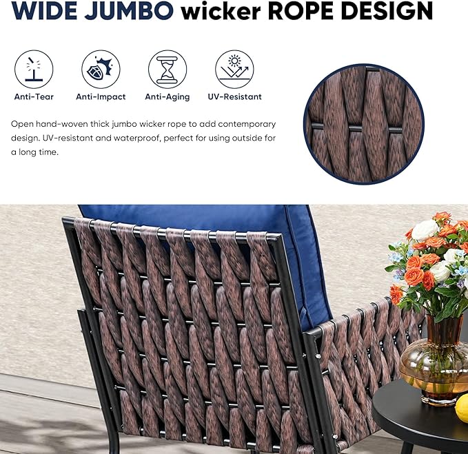 SunloungeCo Patio Furniture Set, 5-Piece Wider Outdoor Metal Seating Sofa with High Back & Lovsest, Coffee Ta ble, All Weather Rattan Conversation for Garden,Backyard, Poolside-Navy