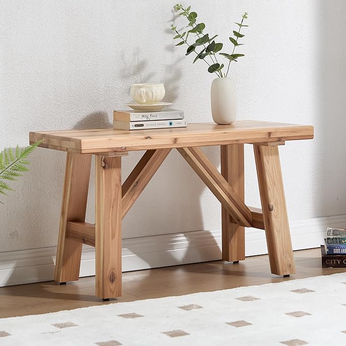 Janoray 30" Entryway Bench Farmhouse Narrow Dining Bench Shoe Rack Small Wooden Benches Holds up to 300lbs for Hallway Living Room Dining Room Bedroom，1 Tier, Natural
