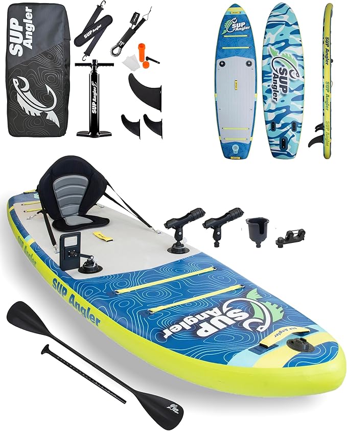 SUP Angler X-Wide Inflatable Fishing Paddle Board with Seat, Choose Accessories Package, Adjustable Fishing Rod Holders, A...