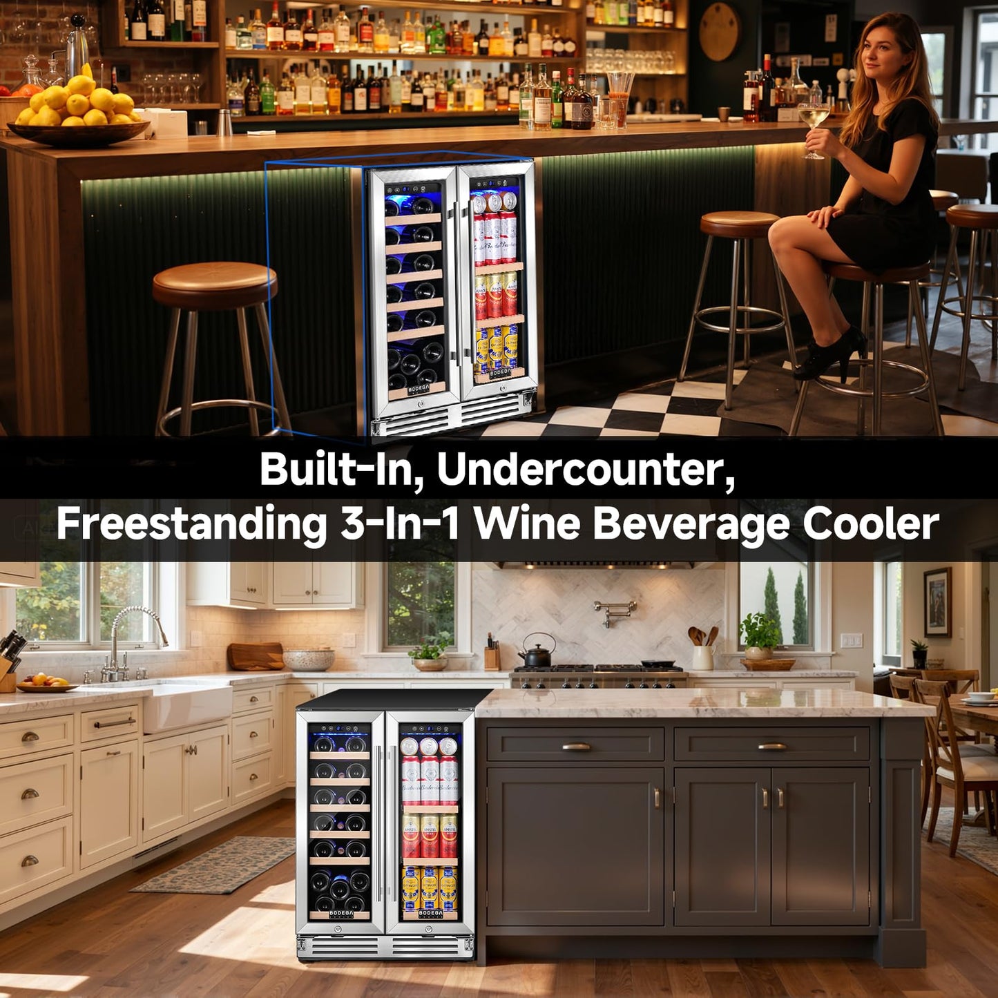 BODEGACOOLER Wine and Beverage Refrigerator, 24 Inch Under Counter Commercial Beverage Refrigerator, Large Capacity Back Bar Cooler With 2 Glass Doors,LED Lighting for Beer,Soda,Wine,4.1 Cu.Ft.,Black.