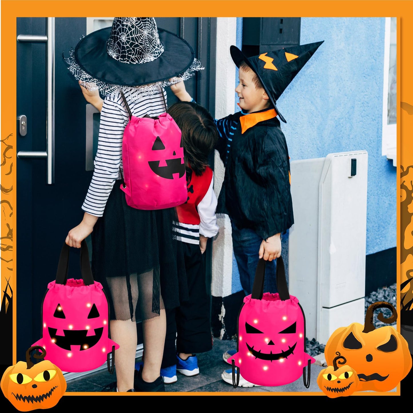 Talltalk 3 Pcs Halloween Light up Bucket LED Treat Drawstring Bags Multipurpose Reusable Pumpkin Candy Goodies Bucket for Kids Halloween Supplies Favors(Pink)