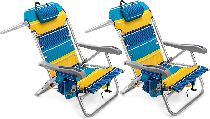 Homevative Cooler+ Folding Backpack Beach Chair with 5 Positions, Towel bar, XL Cooler Pouch, Storage Net, Cup and Phone Holder, Sunshine, 2 Pack