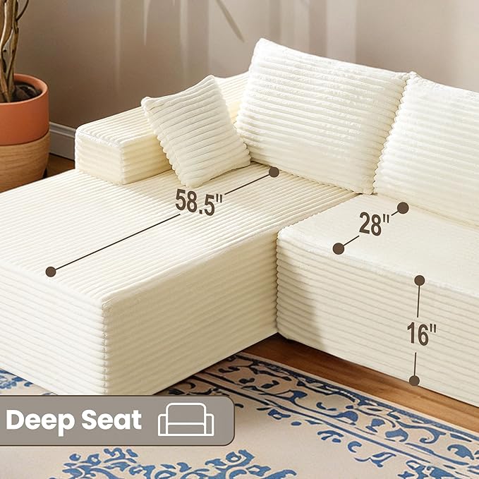 UMBFUN 110" Cloud Sectional Couch for Living Room, Boneless Couch with L-Shape Chaise, Modular Sectional Sofa with Deep Seat, Oversized Modular Sofa for Bedroom, No Assembly Required, Corduroy
