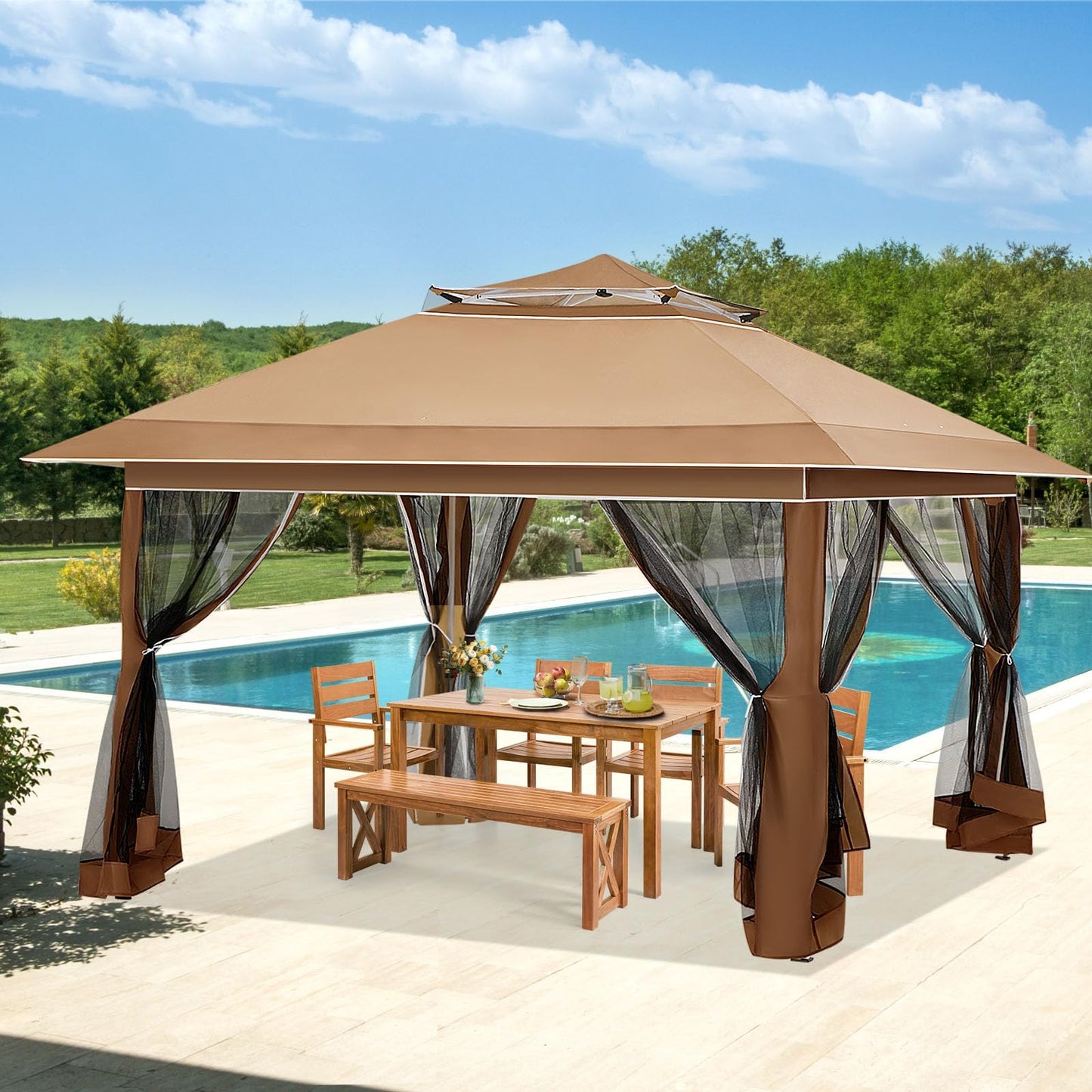 ECOTOUGE 12FT Pop Up Tent Canopy, Waterproof Canopy with Net and UV Resistant, Sidewalls Instant Shelter Gazebo with Carrying Roller Bag for Garden, Grill and Backyard (Brown)