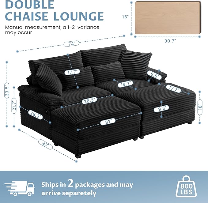 SUNWAVE 74" W Double Chaise Lounge Chair Indoor, Oversized Loveseat with Storage Ottoman, Corduroy Couch with USB Charging, Removable Ottoman, and Coffee Table Cushions for Living Room Bedroom