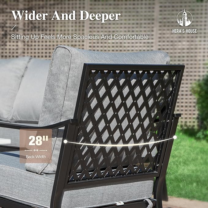 HERA'S HOUSE 4 Piece Metal Patio Furniture Set, 2 x Rocking Cushioned Chair, 2-Seat Lover Sofa with Coffee Table, All Weather Outdoor Conversation Set for Lawn Garden Backyard Deck, Grey
