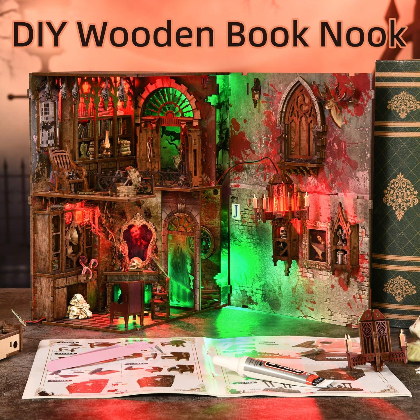 fifijoy Haunted Horror Book Nook Kit, DIY Miniature Dollhouse Halloween Booknook Kit, Spooky Creepy Scary 3D Wooden Puzzle Bookend Bookshelf Insert Decor with LED Light (Haunted Mansion)