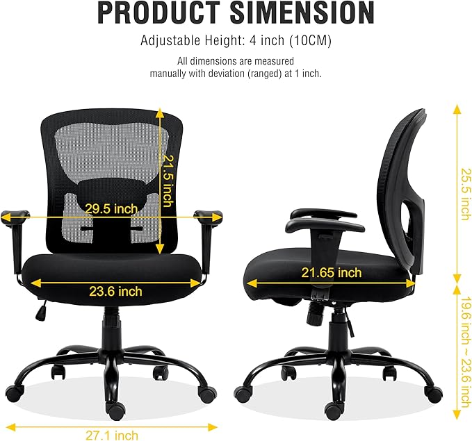 Bigroof Big and Tall Office Chair 500LBS Ergonomic Mesh Desk Chair with Adjustable Lumbar Support Arms Wide Seat Task Executive Rolling Swivel Chair for Heavy People (Black-500LBS)
