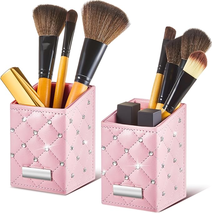ReliThick 2 Pcs Pink Makeup Brush Holder Crystal Bling Brushes Cup PU Leather Waterproof Glitter Makeup Holder for Women T...
