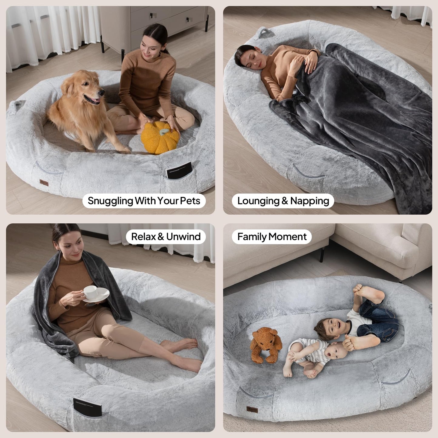 Human Dog Bed for People Large - Bean Bag Adult Size Giant Extra Sized for Kid Waterproof and Washable Anti-Slip Grey 74" x50" x12" (Grey White)
