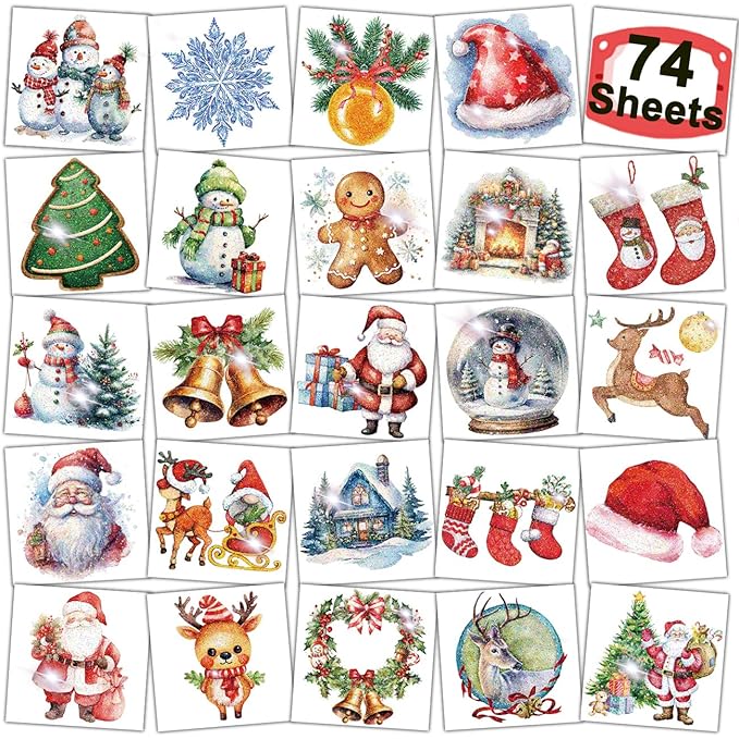 Glitter Christmas Temporary Tattoos for Kids - 74 Individually Sheets for Xmas Party Favors, Stocking Stuffer, Christmas Eve Gift