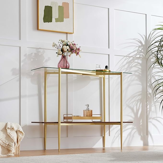 Pine Flicker Rectangle Glass Console Table, Mid-Century Modern Design, L41*W14*H32 inch, for Living Room, Clear Glass Top and Walnut Finish Wood Shelf, Conical Metal Legs with Gold Finish
