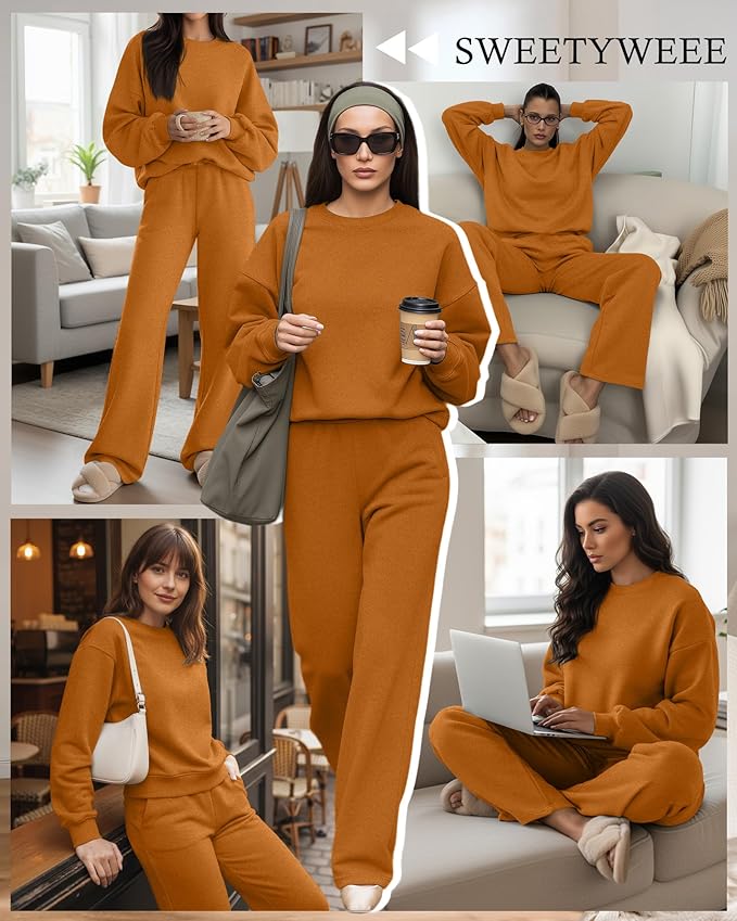 Sweetyweee Women's 2 Piece Outfits Set Fleece Lined Lounge Sweatsuit Crewneck Pullover Top Wide Leg Pants Casual Tracksuit