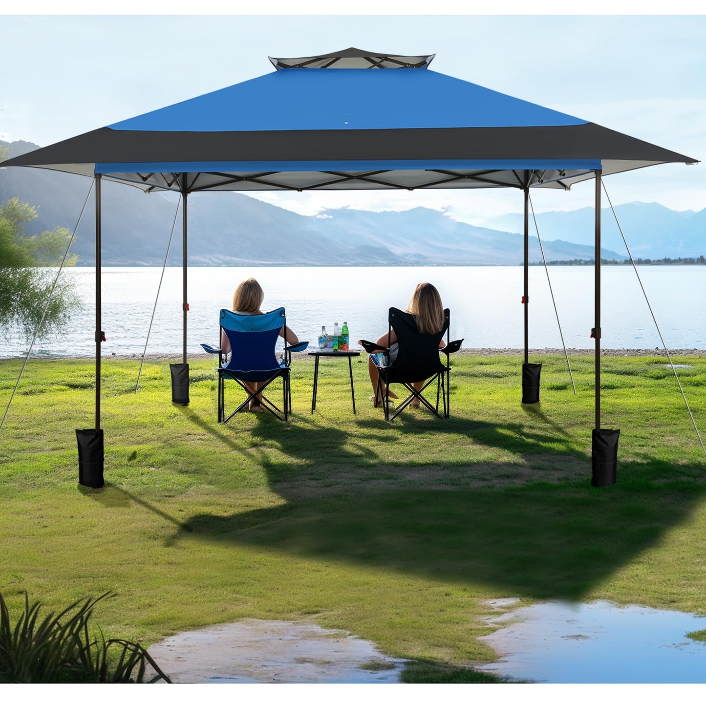 MFSTUDIO 13x13 1-Person Setup Pop Up Canopy Tent, Double-Tier Top Outdoor Instant Portable Shelter, Straight Legs, 169 sq.ft Large Sun Protection Shade, Blue