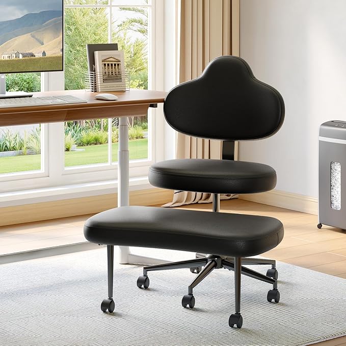 Cross Legged Office Chair with Wheels for ADHD, Ergonomic 360° Swivel Height-Adjustable Meditation Chair for Yoga, Kneeling Chair with 4 inch seat Cushion and Lumbar Support, PU Leather, Black