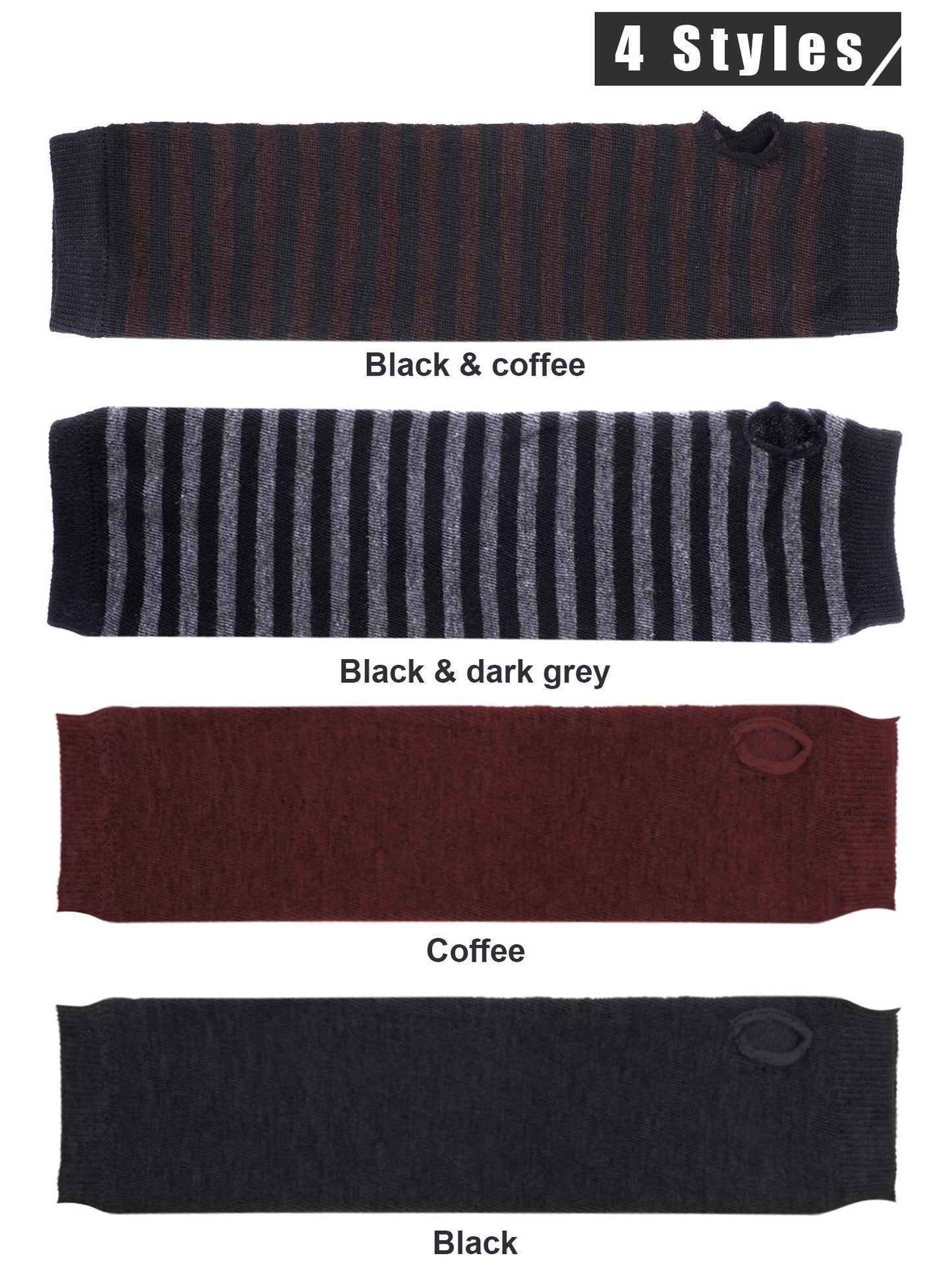 Bememo 4 Pairs Punk Gothic Long Fingerless Gloves Knitted Arm Warmer Elbow Length Thumb Hole Gloves(Black, Coffee, Striped Color)