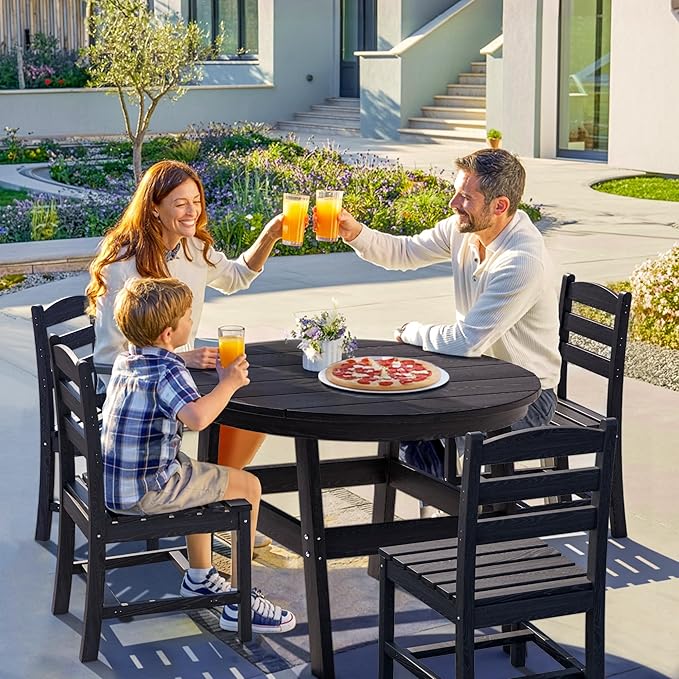 PamapicLife 5 Piece Round Outdoor Dining Set, Relaxing HDPE Outdoor Table and Chairs with 105° Ergonomic Backrest, All-Weather Patio Table and Chairs Set with Umbrella Hole for Porch, Poolside, Black