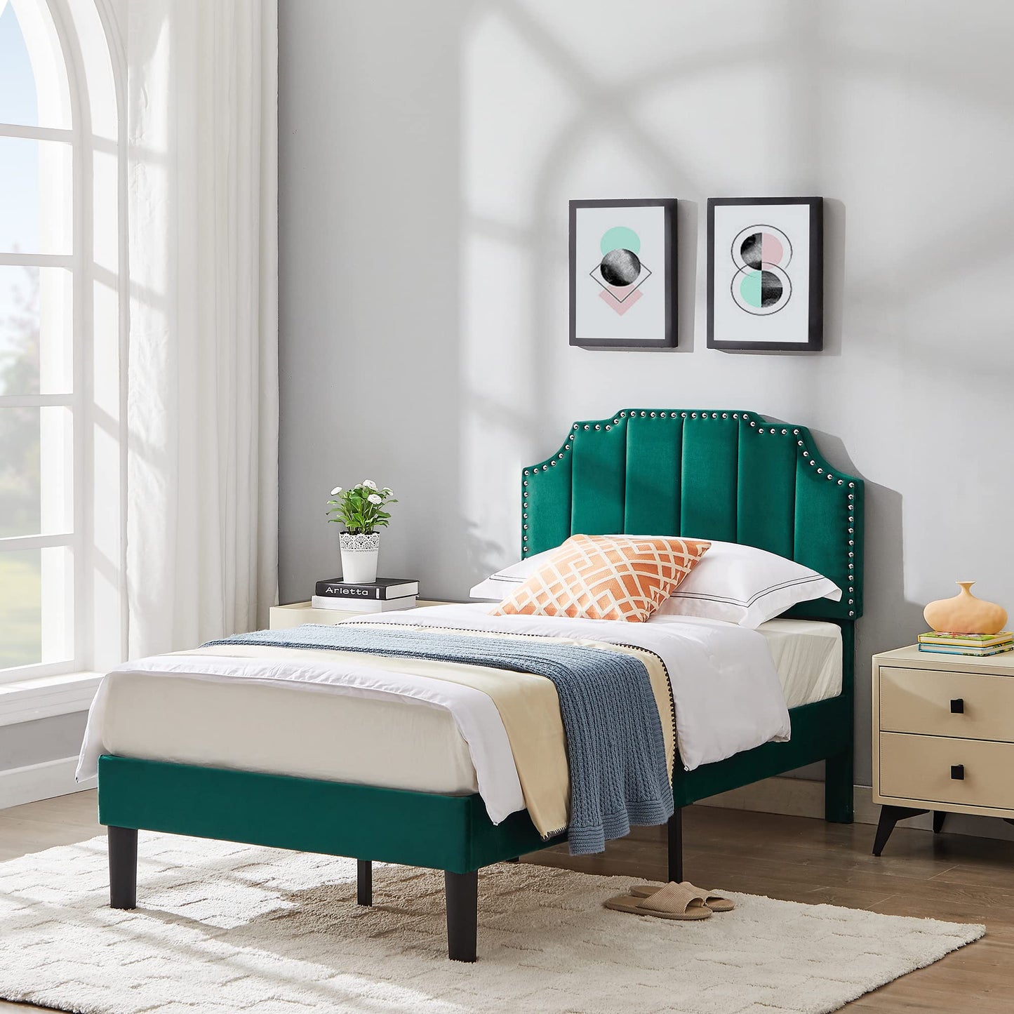 VECELO Twin Upholstered Platform Bed Frame with Tufted Adjustable Headboard/Mattress Foundation/Wood Slat Support,Easy Assembly,Dark Green