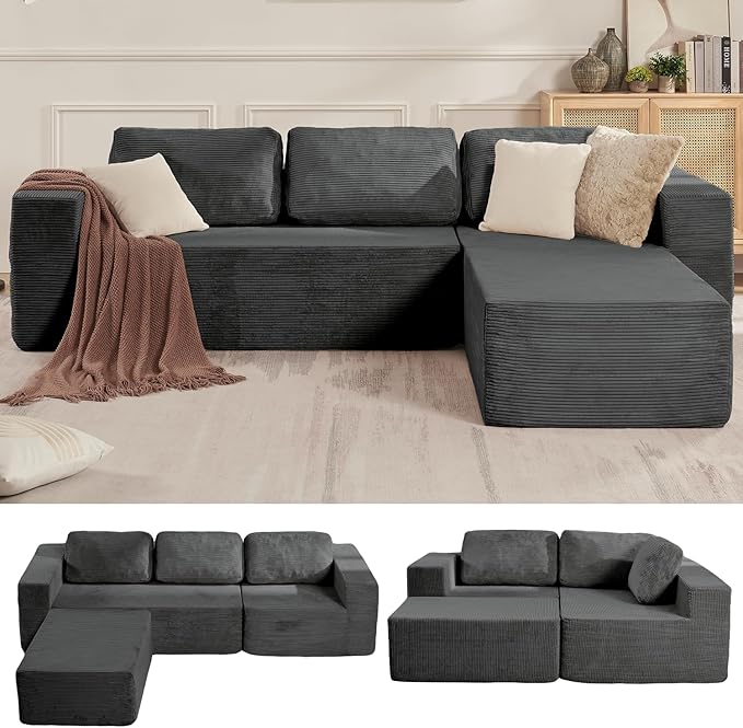 Furnify 106" Cloud Sectional Couch, Left/Right Facing Convertible Sofa with Deep Seat, L-Shape Modular Upholstered Foam Couch for Living Room Bedroom, No Assembly Required (Corduroy Fabric, Grey)