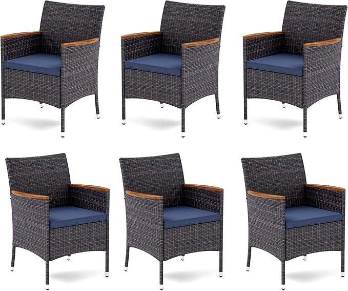 MFSTUDIO Patio Brown Wicker Chairs Set, Oversized Outdoor Rattan Dining Chairs Set of 6 with Cushions, 6 Patio Outdoor Chair Set with Armrests for Table, Backyard