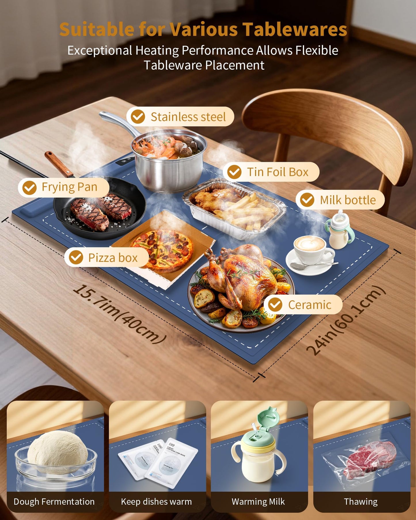 Food Warming Mat - Fast & Full Surface Heating, Silicone Heat Pad with 3 Adjustable Temperature for Buffets Parties, Rollable Electric Warming Tray,Kitchen Heated Plate,Countertop Food Warmer(Blue)