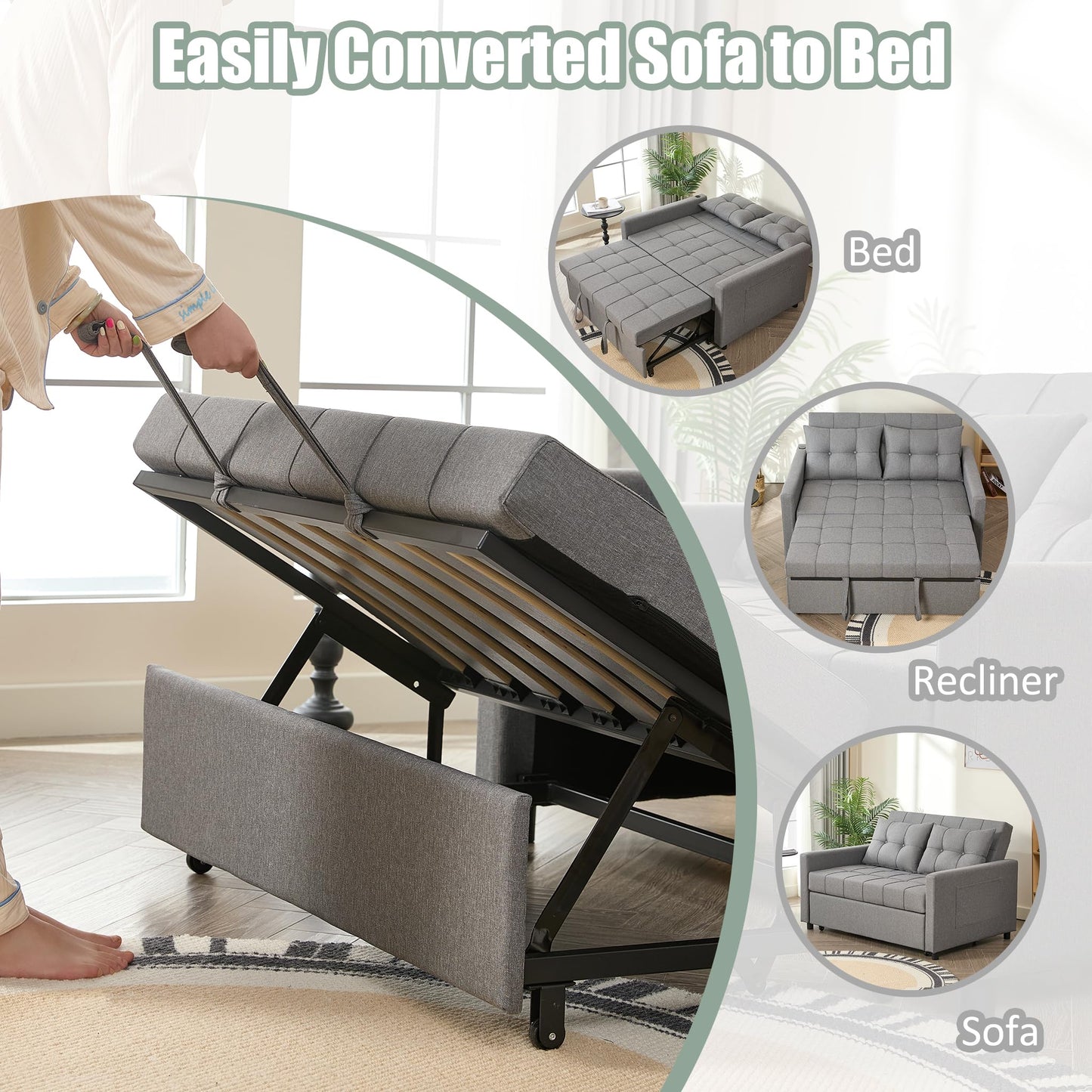 52" Sleeper Sofa with Pull-Out Bed, 3-in-1 Convertible Sofa Bed, Loveseat with Stepless Adjustable Backrest and Side Pocket, for Living Room Dorm Apartment, Linen, Light Gray