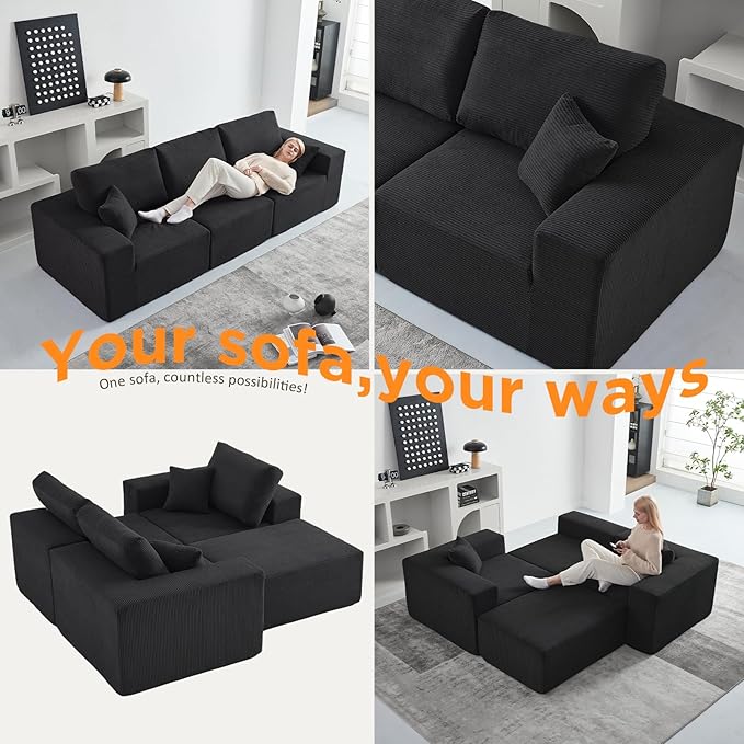 INGEROOM 108" Cloud Sectional Couch with Chaise, Modular L-Shaped Sofa, Deep Seat Comfy Corduroy Memory Foam Couch for Apartments, Dorms or Small Space, No Assembly Required, Black