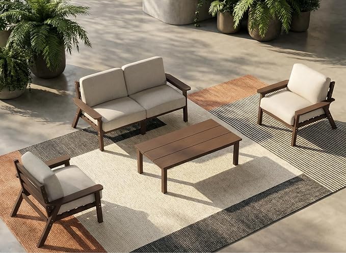 Patio Kingdom Patio Furniture Set with Washable Thick Beige Cushions, Coffee Table & Side Table, HDPE Outdoor Couch, All-Weather Outdoor Sectional Furniture, Patio Conversation Sets (Brown Frame)