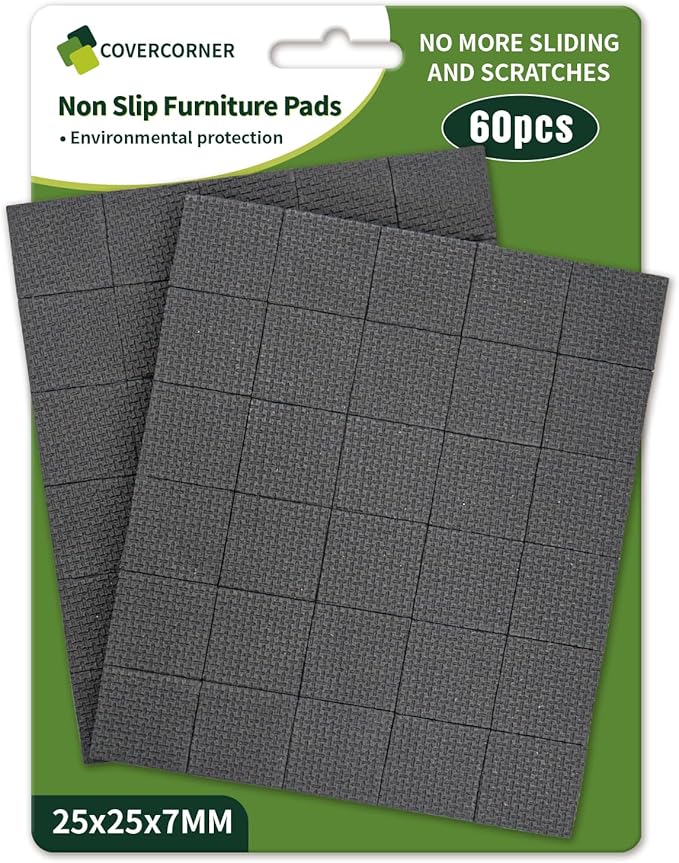 COVERCORNER Non Slip Furniture Pads 60 PCS 1'' Square - Anti Slip Furniture Pads - Self Adhesive Rubber Feet Furniture Feet - Chair Leg Floor Protectors - Keep Furniture in Place