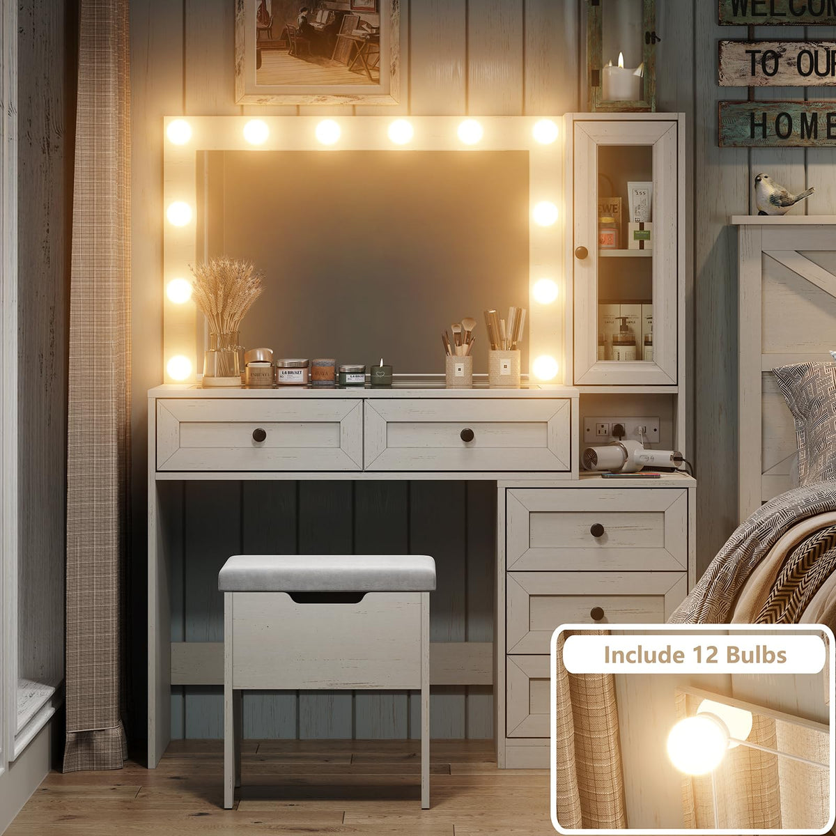 Diwnnue Large Farmhouse Mirror Vanity Desk with LED Bulbs White Makeup Table Set Glass Tabletop for Bedroom Charging Station & Power Outlet Adjustable Light Mode