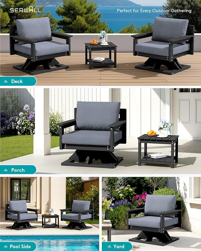 SERWALL HDPE Outdoor Patio Furniture Set, All-Weather 3-Seater Couch with 2 Single Seat Swivel Sofas with Thick Cushions for Lawn, Deck, Black Frame with Gray Cushions